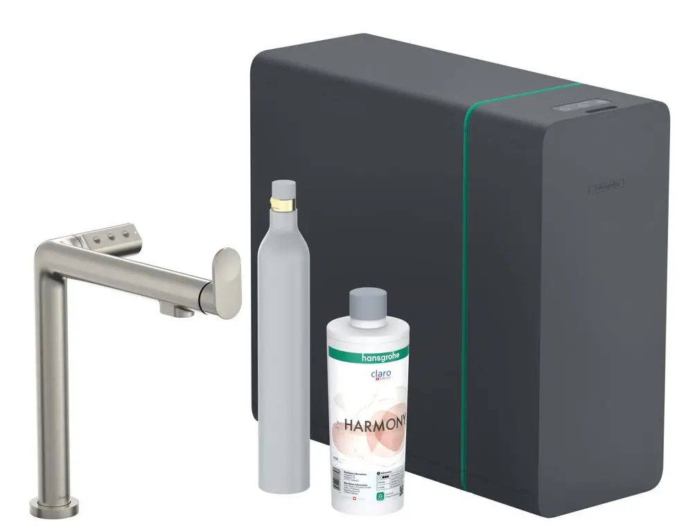 Kompaktes Gerät von Hansgrohe mit einer Edelstahl-Armatur, einer Flasche und einem Behälter, in einem modernen Design für die Zubereitung von Sodawasser.
